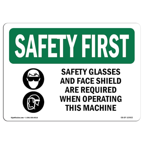 OSHA Sign, Glasses And Face Shield W/ Symbol, 18in X 12in Aluminum, 18" W, 12" H, Landscape